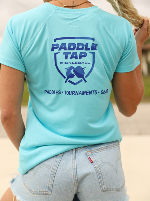 Women’s Short Sleeve Performance Paddle Tap Pickleball T-Shirt Water Blue