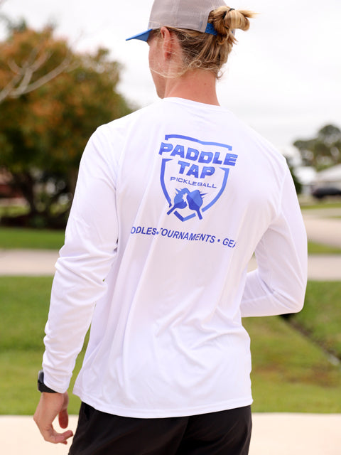 Men’s Long Sleeve Performance Paddle Tap Pickleball T-Shirt White
