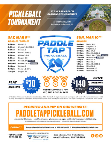 Pickleball Tournament Mar 9th-10th @ Palm Beach Gardens Pickleball Center. $7,000 Prize Pool Money!