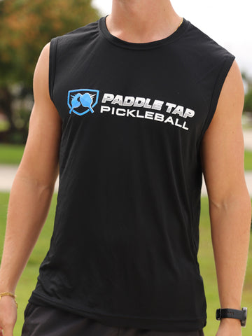 Men’s Sleeveless Muscle Performance Paddle Tap Pickleball T-Shirt Black