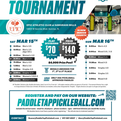 INDOOR Pickleball Tournament March 15th-16th $7,000 Prize Pool Money!
