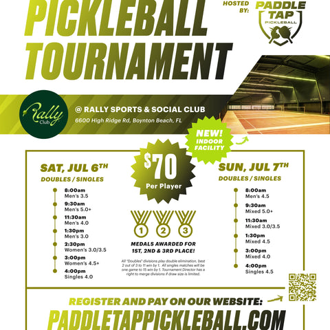 Indoor pickleball tournament Limited Registration available. July 6th-7th  @ Rally Club Boynton Beach, FL