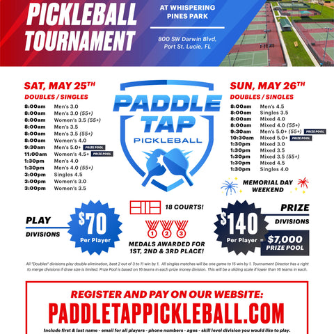 May 25th-26th 18 courts @ Whispering Pines Park $7,000 Prize Pool Money! Port Saint Lucie, FL