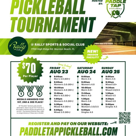 Indoor Pickleball Tournament. Aug 23rd-25th @ Rally Club Boynton Beach, FL - REGISTRATION CLOSED.  Email if interested in available divisions below..