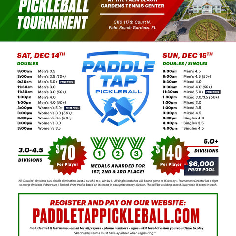 December 14th-15th @ Palm Beach Gardens Pickleball Center.  $6,000 Prize Pool Money!