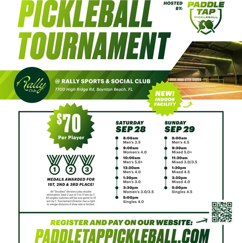 Indoor Pickleball Tournament. Sept 28th - 29h @ Rally Club Boynton Beach, FL